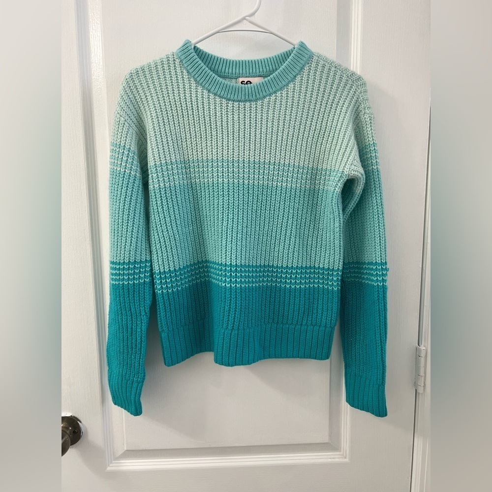 SO®Knit Crewneck Striped Teal and Mint Sweater (Size L 10/12)- NWOT - Picture 2 of 6